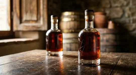 Confronto visivo tra bottiglie di aceto balsamico tradizionale di Modena con diverse certificazioni di qualità