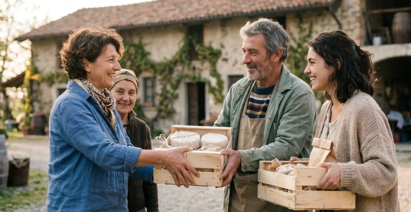 Gruppo di persone che ricevono prodotti alimentari freschi direttamente da un produttore locale in ambiente rurale italiano