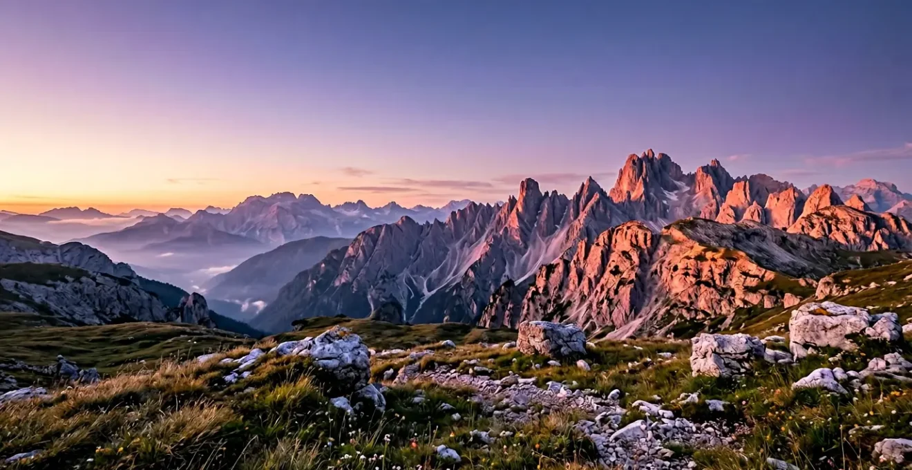 Alba spettacolare sulle cime dolomitiche che si tingono di rosa durante il fenomeno dell'enrosadira con cielo terso e negative space
