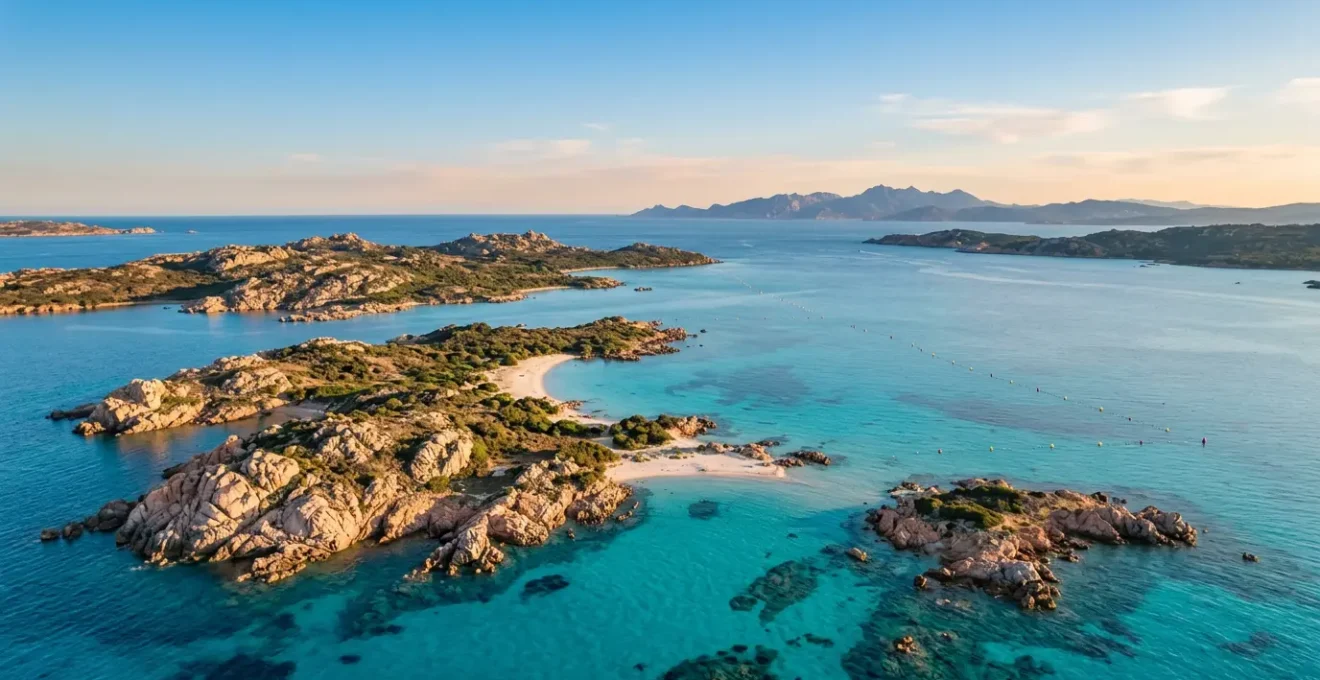 Vista panoramica dell'arcipelago di La Maddalena con acque cristalline e formazioni di granito rosa