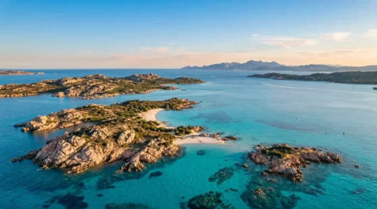Vista panoramica dell'arcipelago di La Maddalena con acque cristalline e formazioni di granito rosa