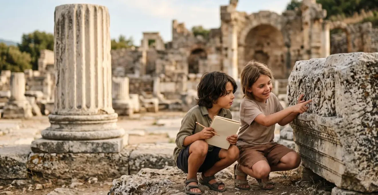 Bambini impegnati in una caccia al tesoro archeologica tra antiche rovine romane