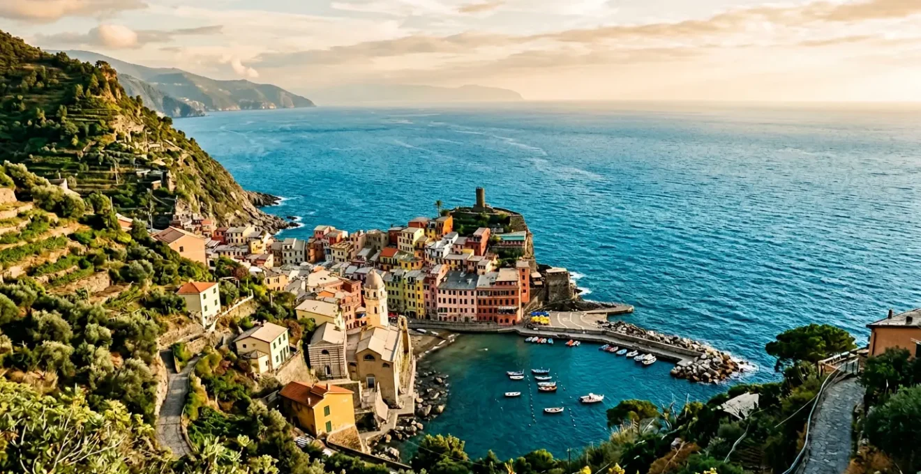 Borgo ligure tradizionale con case colorate arroccato sulla costa mediterranea