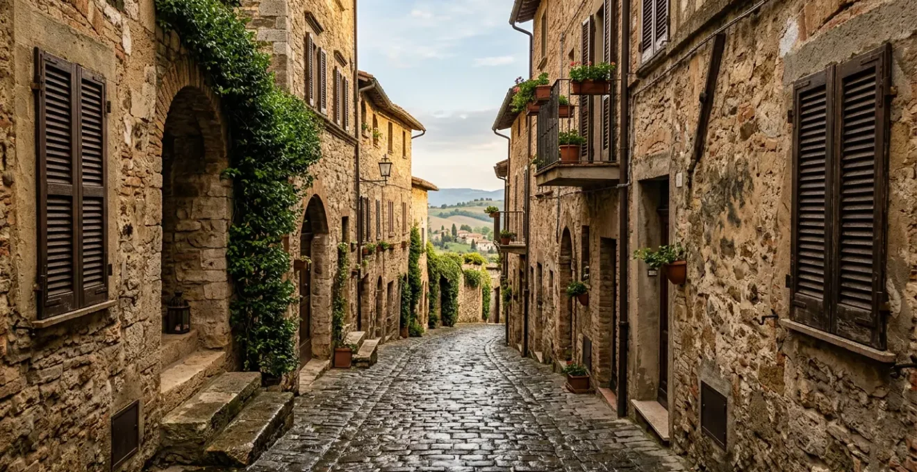 Vicolo medievale in pietra di un borgo umbro con edera e persiane chiuse che evoca autenticità e silenzio