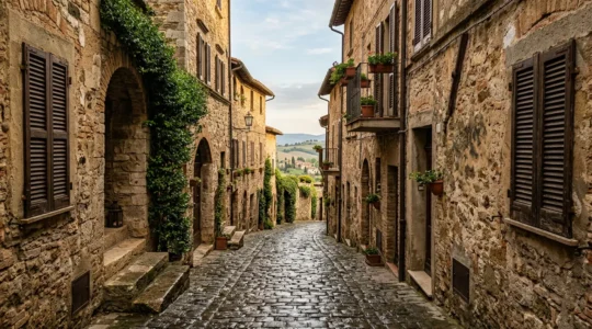 Vicolo medievale in pietra di un borgo umbro con edera e persiane chiuse che evoca autenticità e silenzio