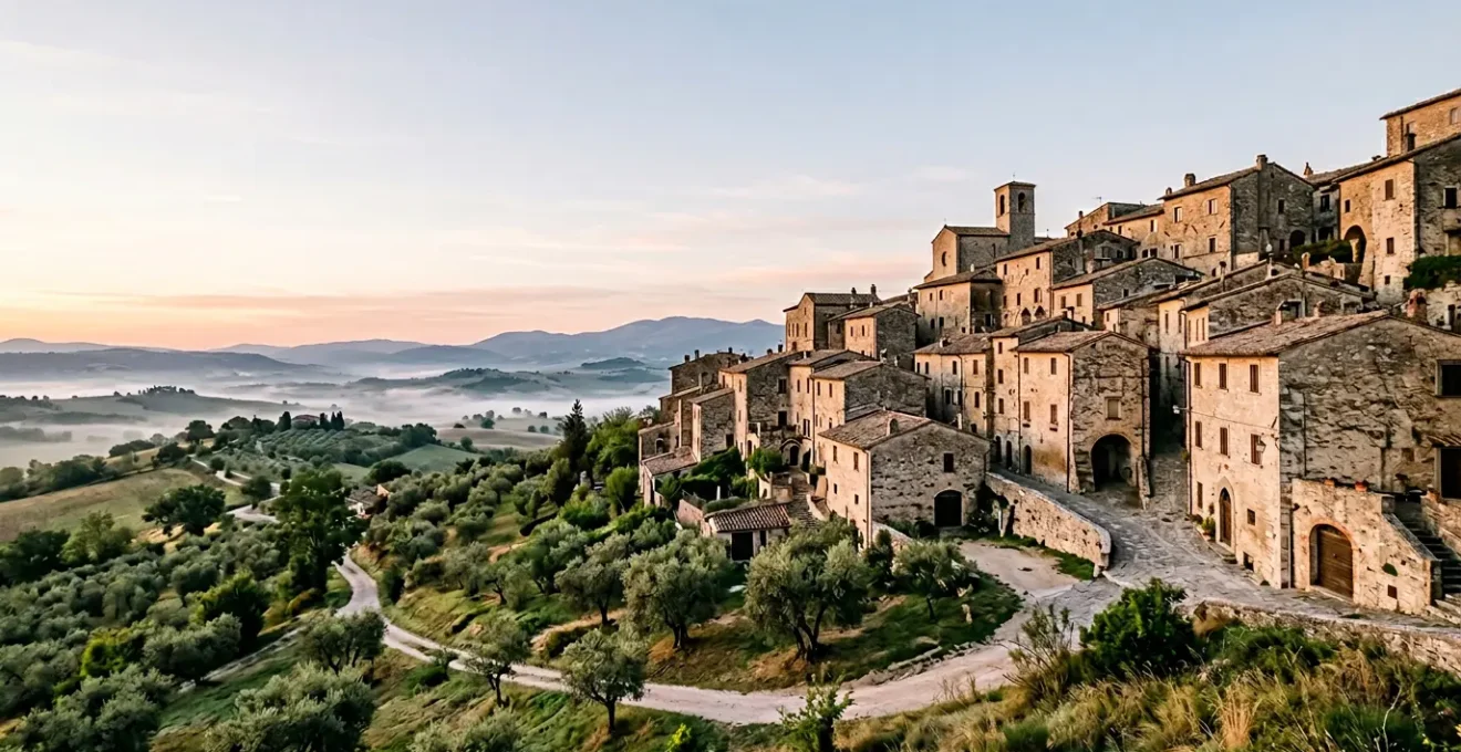 Vicoli di pietra di un borgo umbro medievale illuminati dalla luce dorata dell'alba, atmosfera silenziosa e contemplativa