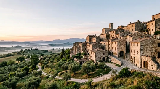 Vicoli di pietra di un borgo umbro medievale illuminati dalla luce dorata dell'alba, atmosfera silenziosa e contemplativa
