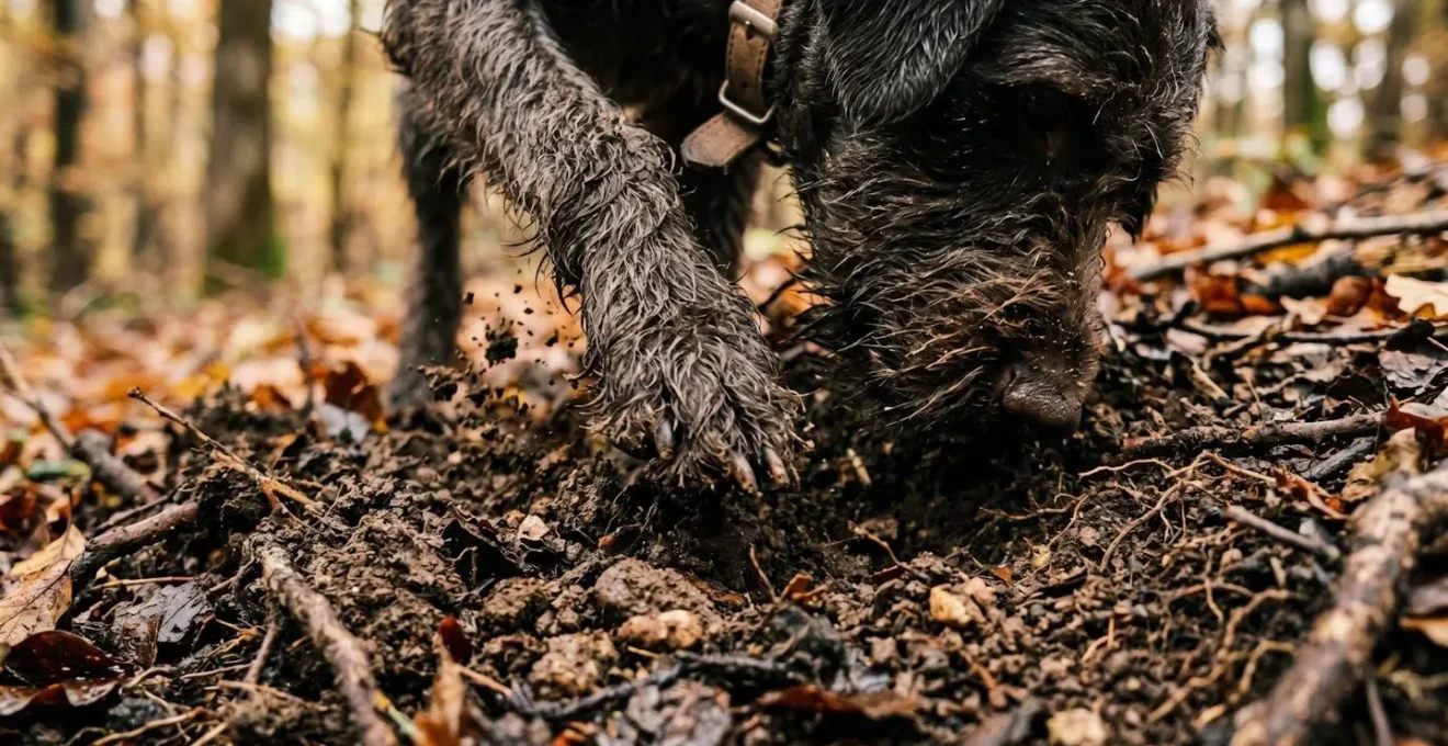 Cane da tartufo che scava nel sottobosco durante una battuta autentica nelle Langhe