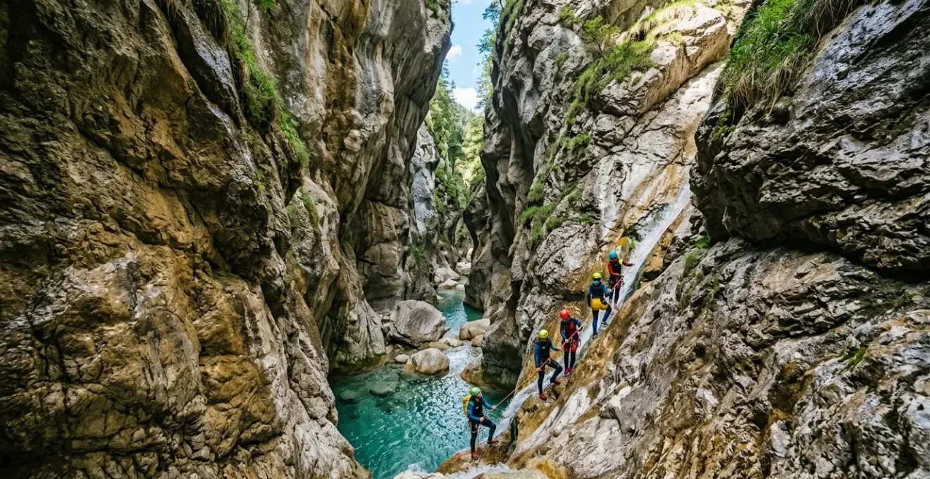 Vista grandangolare di un gruppo di persone in muta da canyoning che affrontano una cascata alpina tra le gole rocciose, con equipaggiamento di sicurezza visibile
