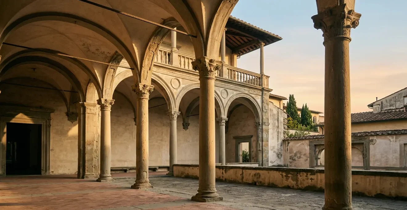 Dettaglio architettonico rinascimentale fiorentino con luce naturale e texture di pietra serena