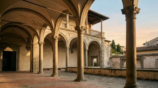 Dettaglio architettonico rinascimentale fiorentino con luce naturale e texture di pietra serena