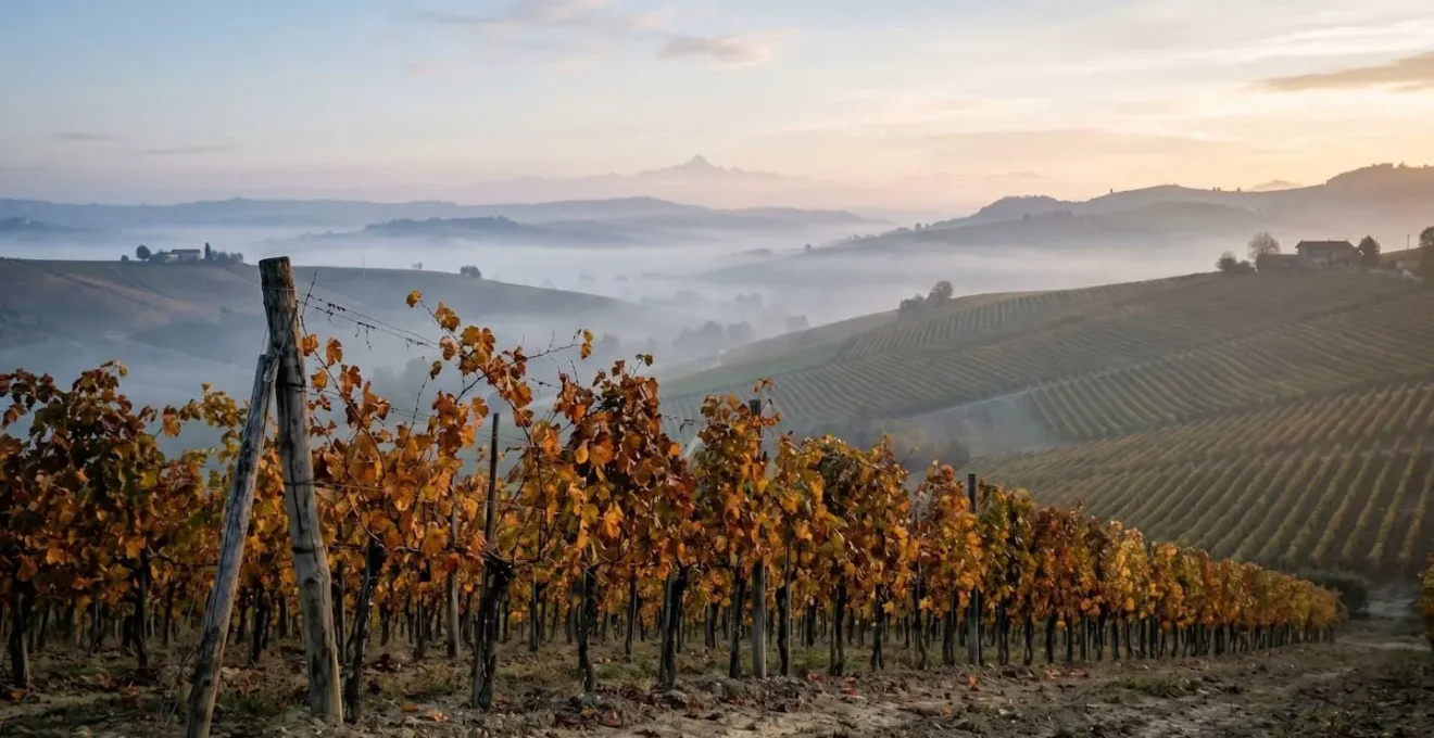 Colline delle Langhe con vigneti in autunno avvolti dalla nebbia mattutina