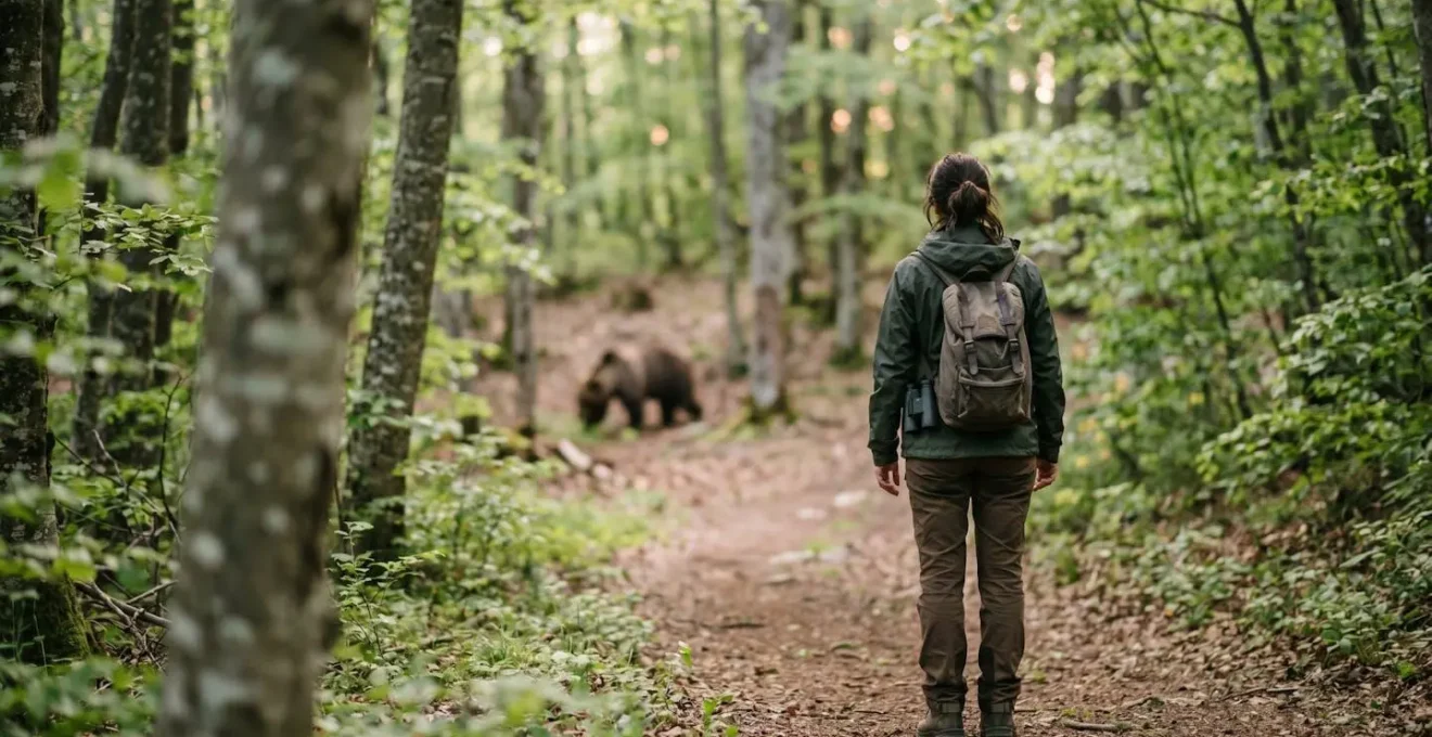 Escursionista fermo che osserva un orso marsicano da distanza di sicurezza nel bosco