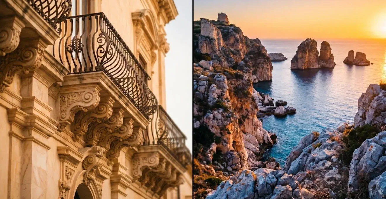 Contrasto tra paesaggi della Sicilia orientale, con un dettaglio barocco, e occidentale, con una scogliera selvaggia.