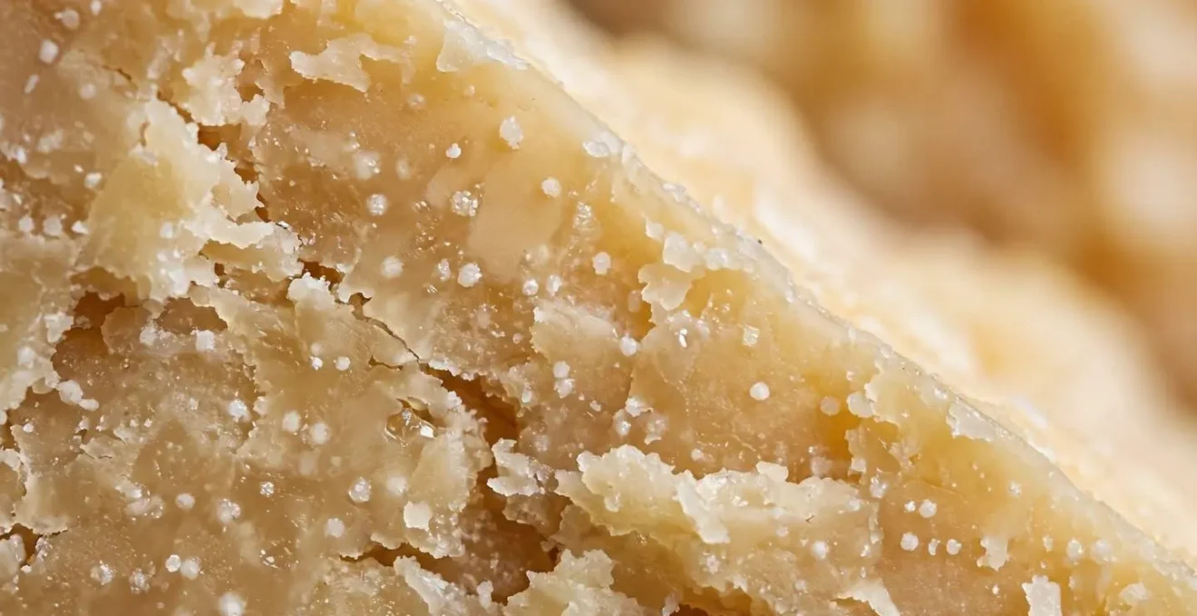 Macro fotografia estrema della struttura granulosa del Parmigiano Reggiano con cristalli di tirosina visibili