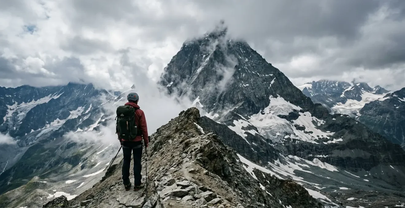 Escursionista solitario su cresta alpina esposta con nebbia e condizioni meteo difficili