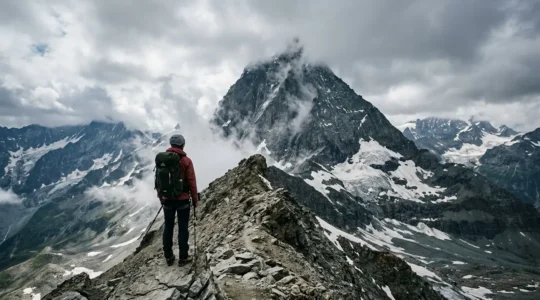 Escursionista solitario su cresta alpina esposta con nebbia e condizioni meteo difficili