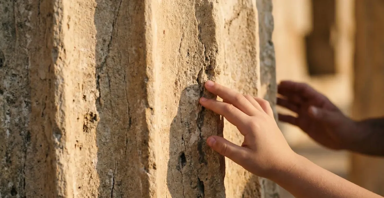 Bambino tocca le antiche colonne del tempio greco di Paestum con curiosità mentre i genitori osservano