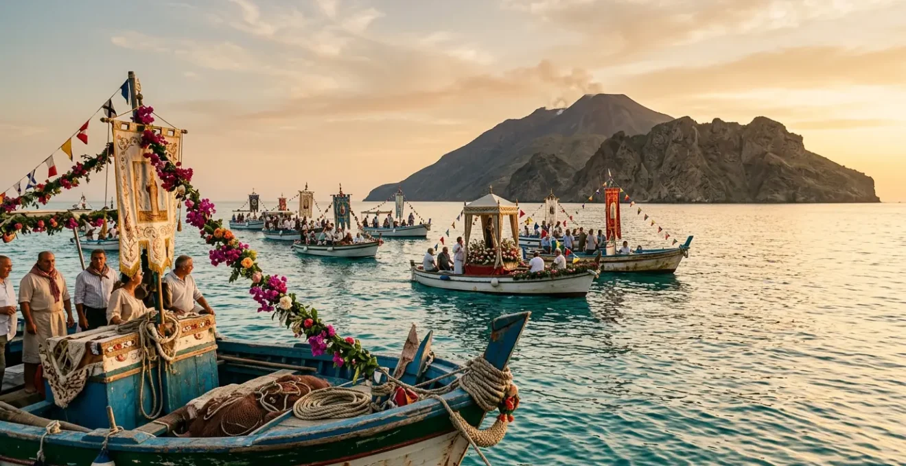 Processione marittima tradizionale alle isole Eolie con barche decorate durante una festa patronale