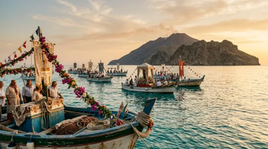 Processione marittima tradizionale alle isole Eolie con barche decorate durante una festa patronale