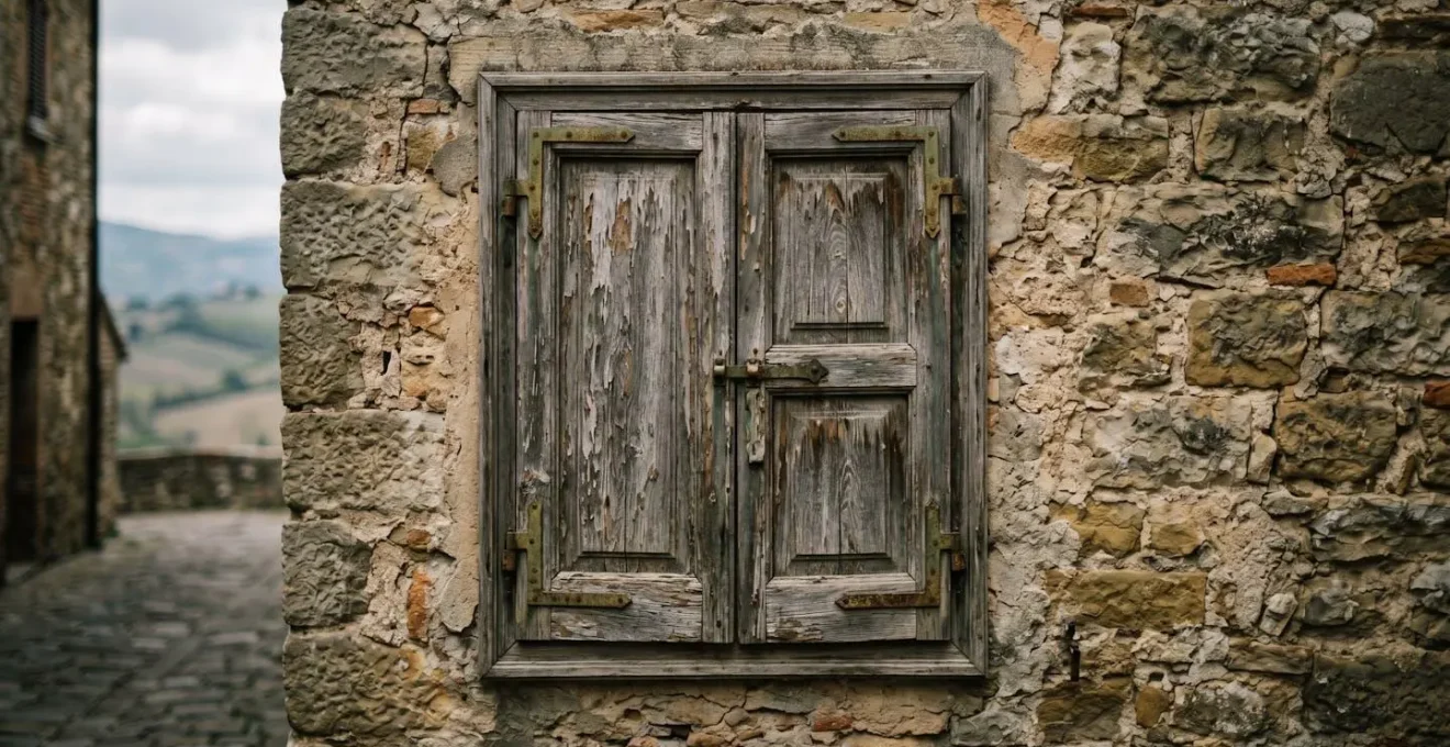 Casa antica in pietra con finestra chiusa e persiane in legno deteriorato che simboleggia lo spopolamento dei borghi italiani