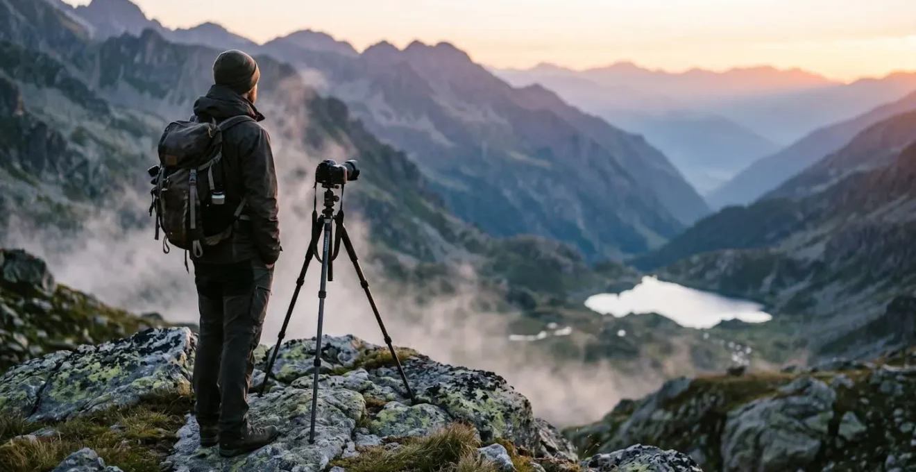 Fotografo solitario su sentiero alternativo in alta quota che osserva un lago alpino dall'alto all'alba con atmosfera contemplativa