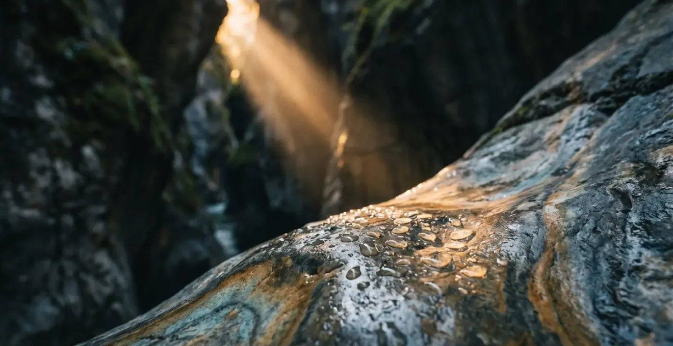 Primo piano di gocce d'acqua cristallina che scorrono su roccia calcarea levigata illuminata da un raggio di sole che filtra dall'alto in un canyon alpino