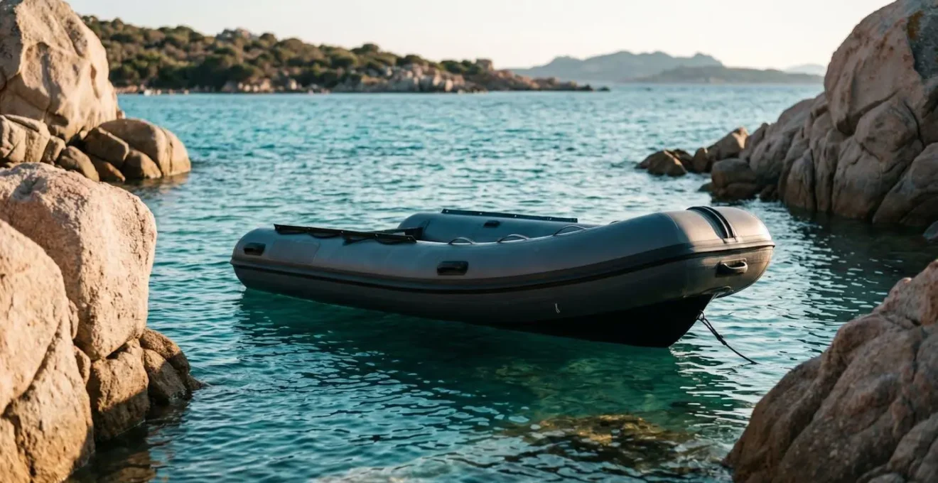 Gommone ormeggiato in una cala riparata dell'arcipelago di La Maddalena con acque turchesi