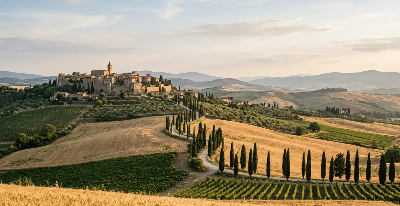 Veduta panoramica delle dolci colline toscane con cipressi, borghi medievali e vigneti sotto la luce dorata