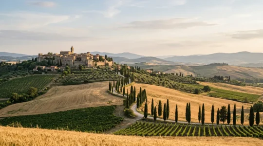 Veduta panoramica delle dolci colline toscane con cipressi, borghi medievali e vigneti sotto la luce dorata