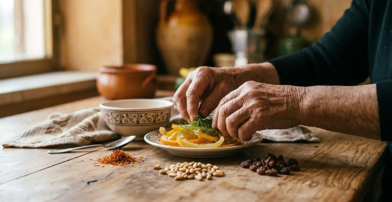 Composizione di ingredienti tipici della cucina siciliana che mostrano influenze multiculturali