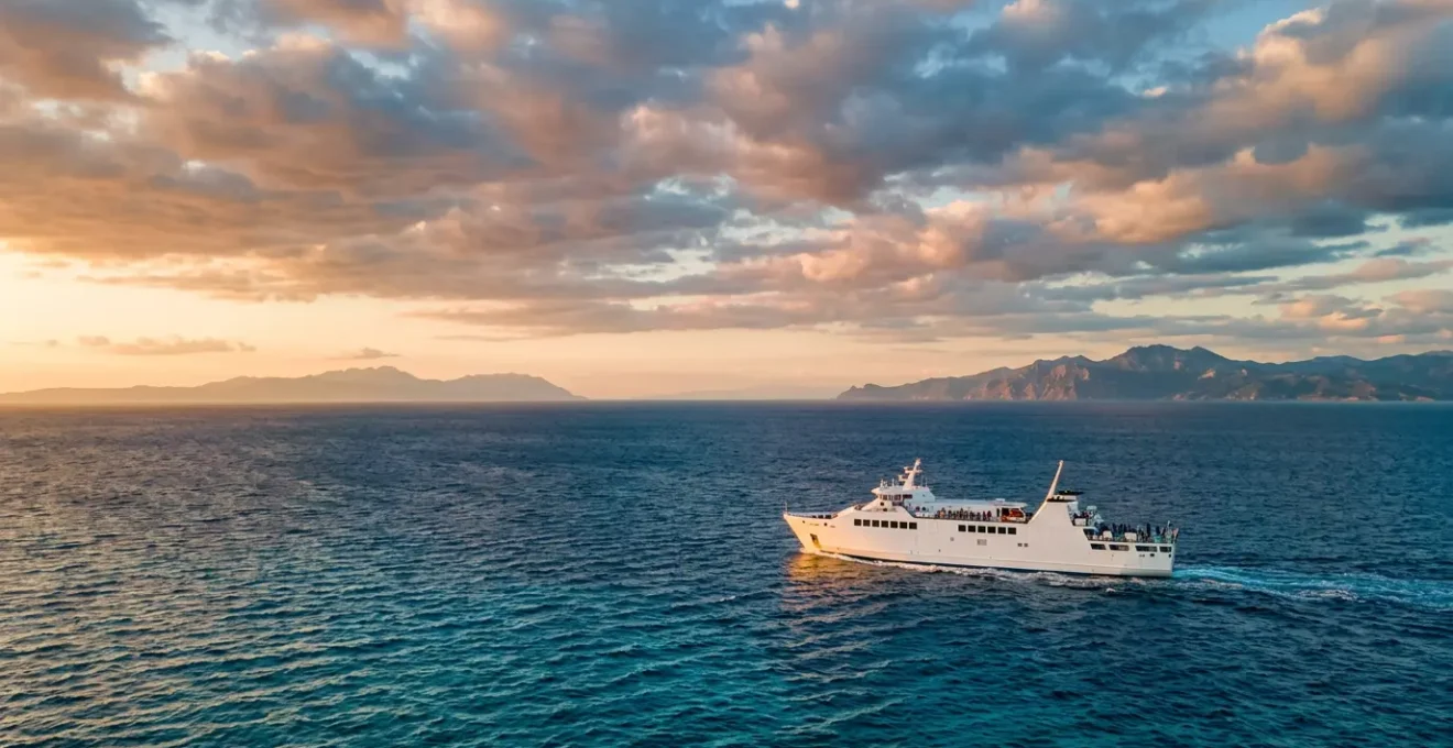 Traghetto che naviga tra le isole del Mediterraneo con vista panoramica delle coste della Sardegna e della Corsica