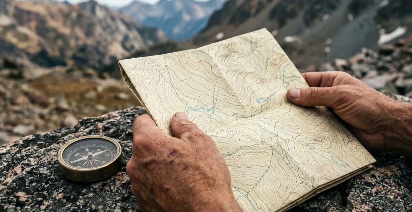Mani di escursionista che tengono una mappa topografica in ambiente alpino con bussola
