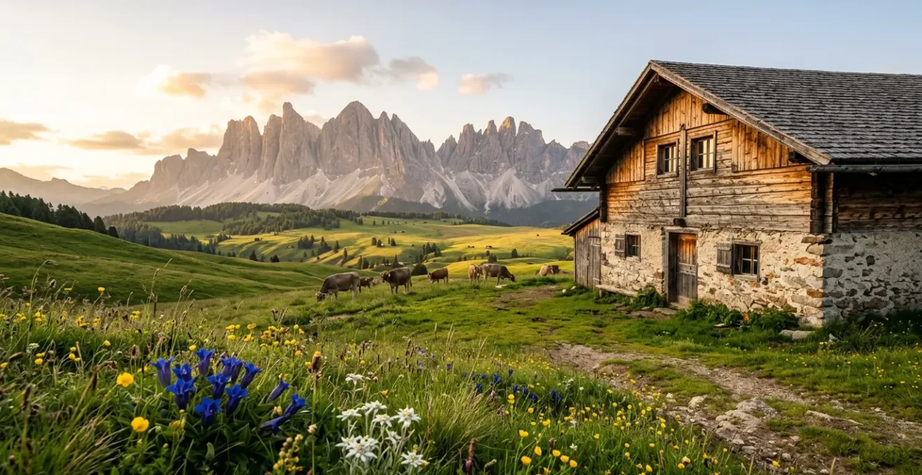 Malga alpina durante la produzione estiva del formaggio d'alpeggio con vista sulle montagne italiane