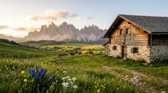 Malga alpina durante la produzione estiva del formaggio d'alpeggio con vista sulle montagne italiane