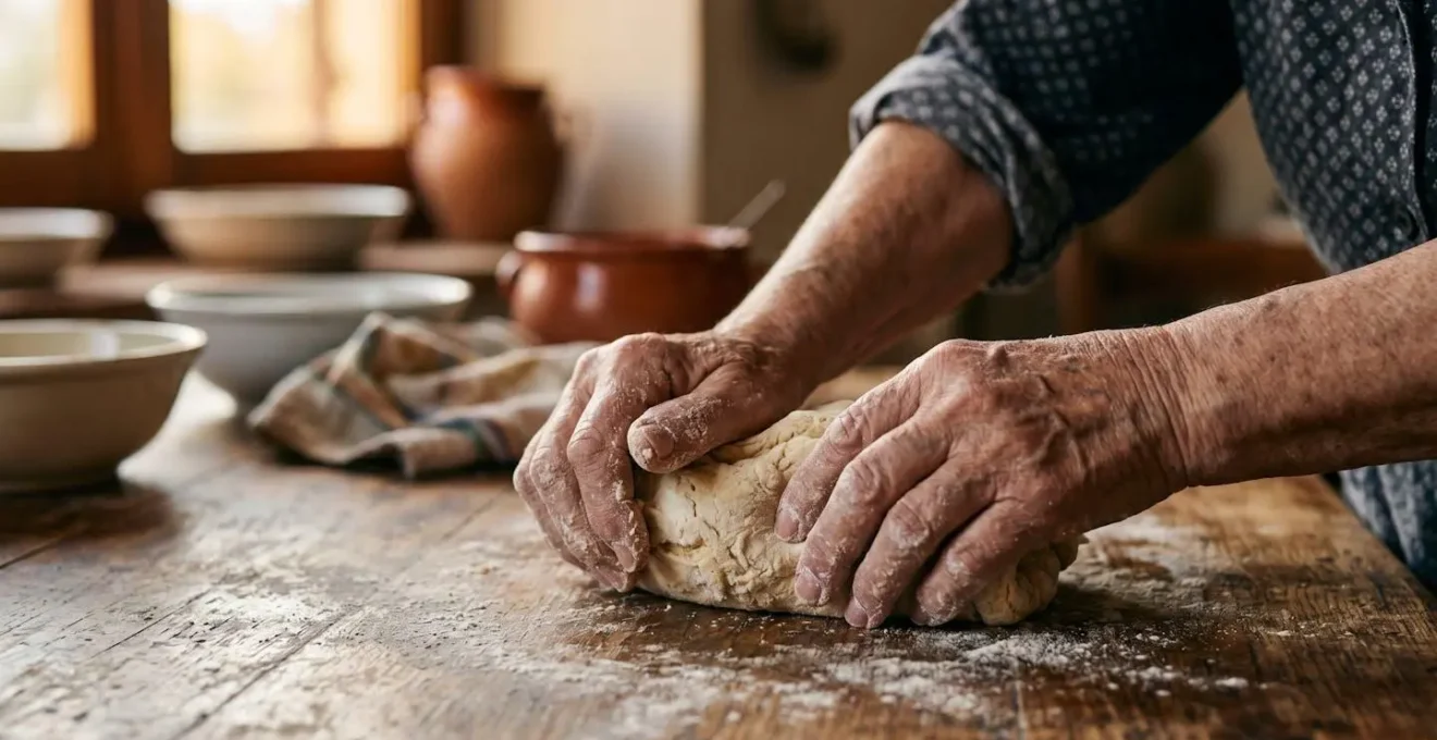 Primo piano di mani esperte di una donna anziana che lavorano l'impasto per la pasta fresca su un tavolo di legno antico