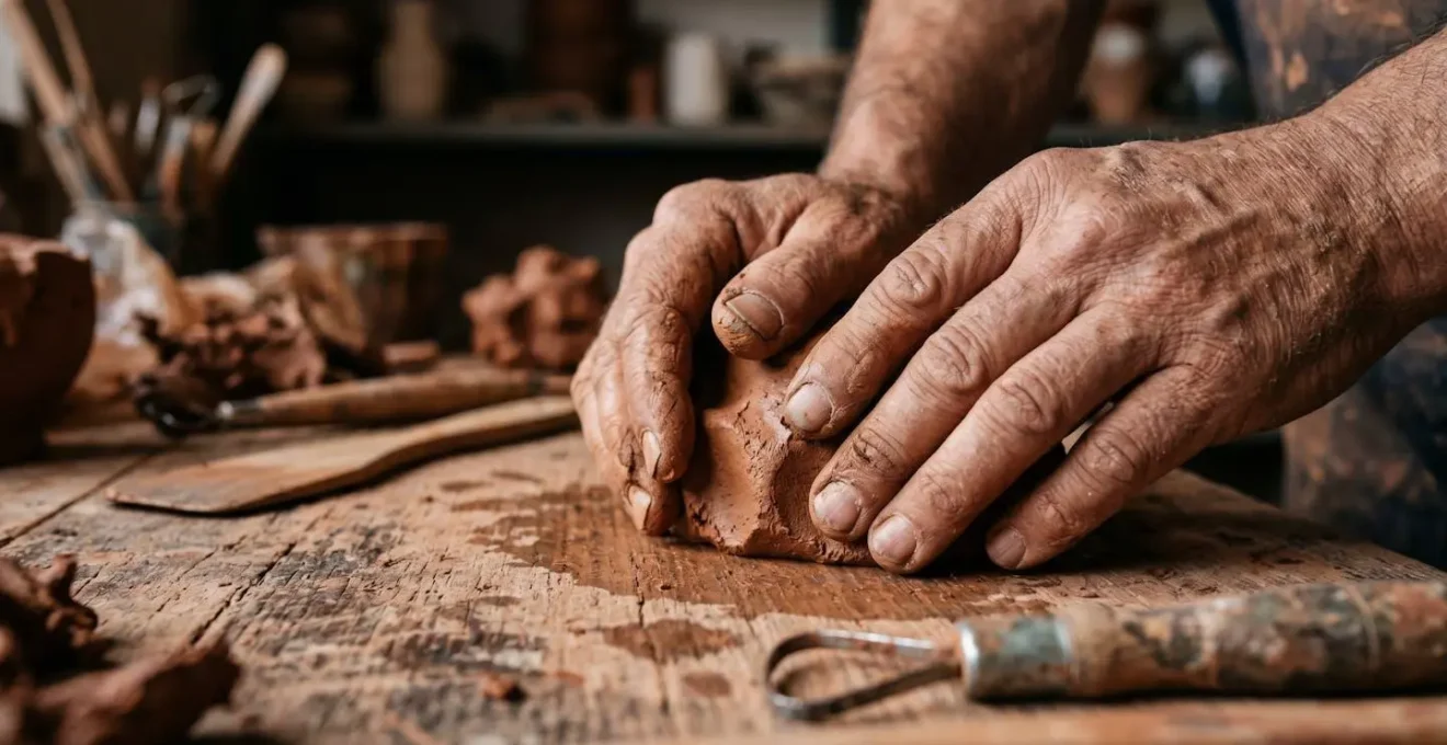 Dettaglio ravvicinato delle mani di un artigiano che lavora la ceramica tradizionale con argilla e strumenti antichi