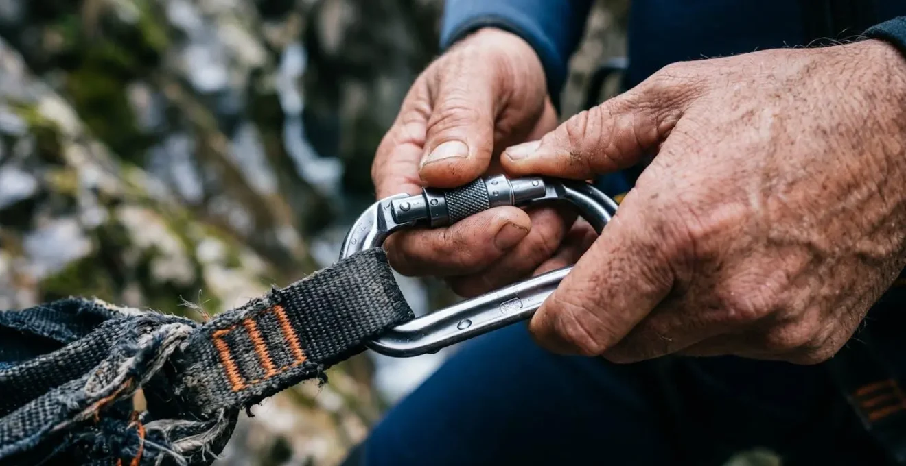 Primo piano macro delle mani di una guida che controlla un moschettone certificato collegato a un'imbragatura da canyoning, con dettagli delle certificazioni visibili sul metallo