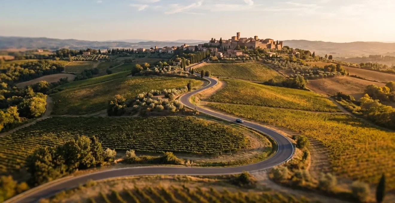 Tracciato delle strade panoramiche toscane attraverso colline e borghi medievali al tramonto