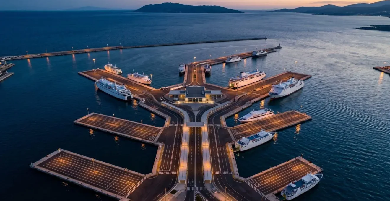 Vista aerea di porti del Mediterraneo con navi ormeggiate e rotte marittime tra Sardegna, Corsica e Toscana