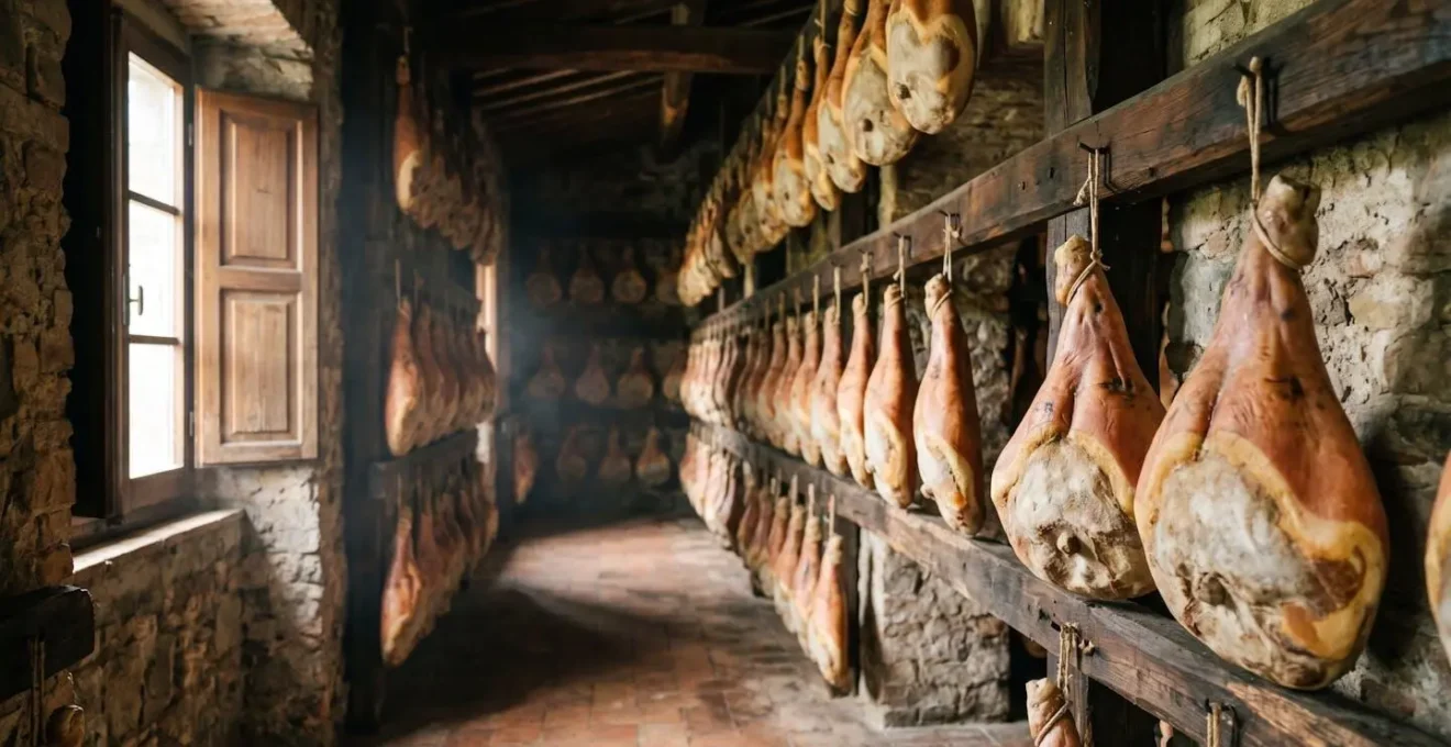 Prosciutti crudi stagionati appesi in cantina tradizionale italiana con finestre che lasciano entrare aria naturale