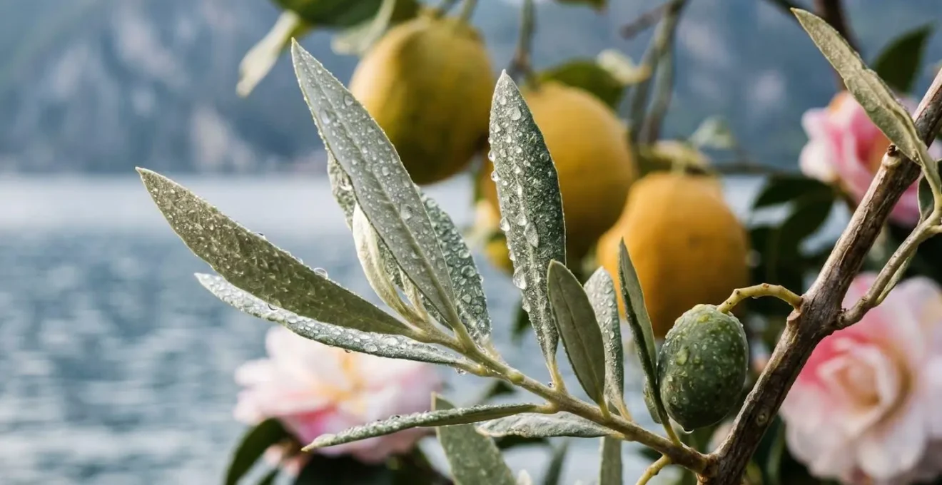 Dettaglio della vegetazione mediterranea sulle sponde dei laghi prealpini con piante esotiche e agrumi