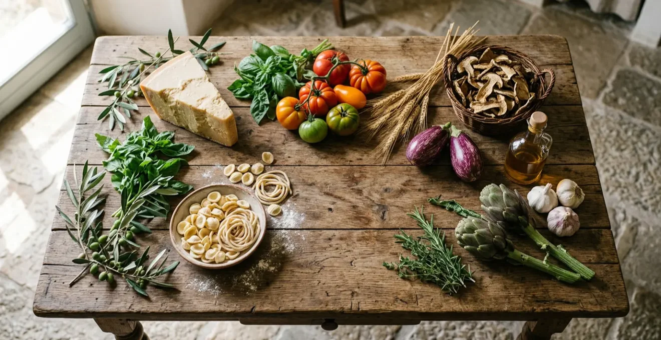 Vista aerea di un tavolo rustico con ingredienti tipici delle diverse regioni italiane dispositi in modo naturale