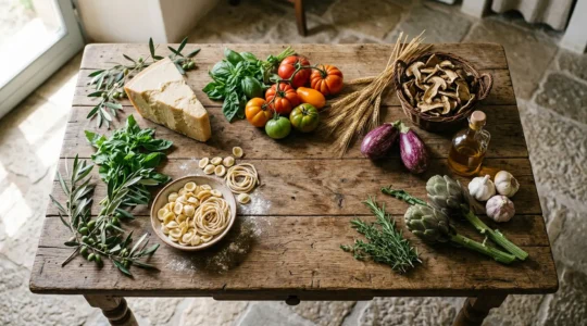 Vista aerea di un tavolo rustico con ingredienti tipici delle diverse regioni italiane dispositi in modo naturale