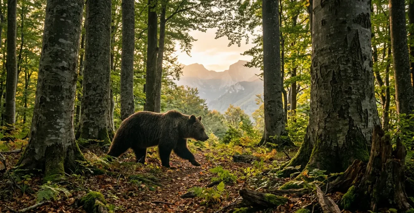 Orso bruno marsicano che cammina tra le faggete del Parco Nazionale d'Abruzzo con montagne sullo sfondo