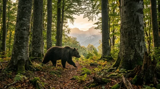 Orso bruno marsicano che cammina tra le faggete del Parco Nazionale d'Abruzzo con montagne sullo sfondo