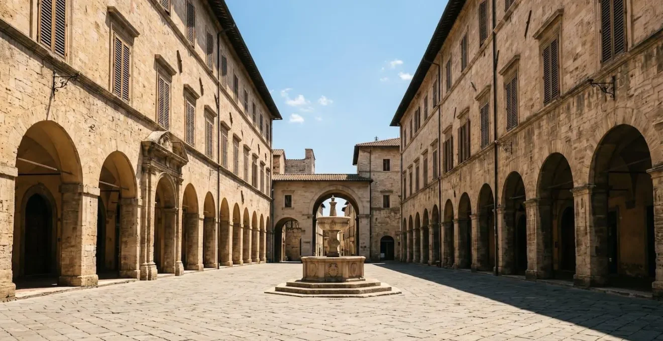 Piazza medievale umbra vuota ripresa con simmetria perfetta, contrasto drammatico tra zone di luce e ombra, atmosfera contemplativa