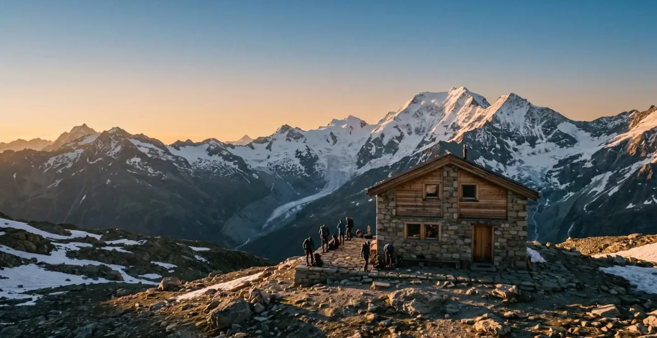 Rifugio alpino a quota 3000 metri circondato da ghiacciai e vette al tramonto