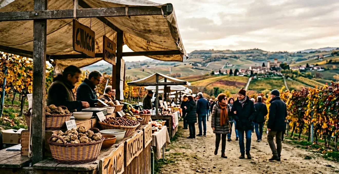 Bancarella di tartufi bianchi e nocciole durante una sagra autunnale piemontese