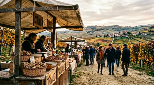 Bancarella di tartufi bianchi e nocciole durante una sagra autunnale piemontese